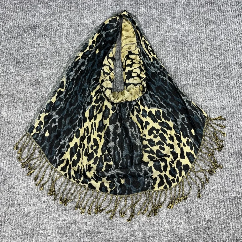The Poshmina Scarf Womens Teal Tan Leopard Print Fringe Shawl Wrap Boho USA Made